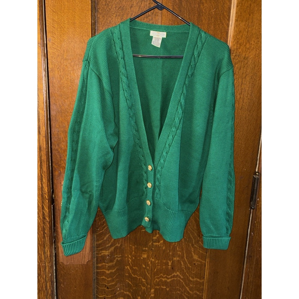 Vintage Yarnworks Large Green Cardigan Gold Buttons Cable Knit Grandma Cottage - Picture 1 of 6